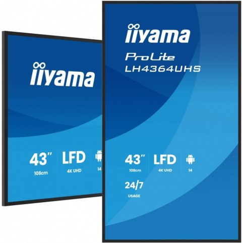 IIYAMA Monitor 43 cale LH4364UHS-B1AG 24/7,VA,ANDROID14,4K,500cd,4000:1,2xHDMI,USB-C,RJ45, RS-232c, IR, 2x10W, 2xUSB, UCHWYT ŚCIENNY