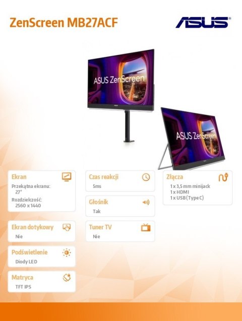Asus Monitor 27 cali MB27ACF ZEN SC IPS QHD100Hz USB-C HDMI