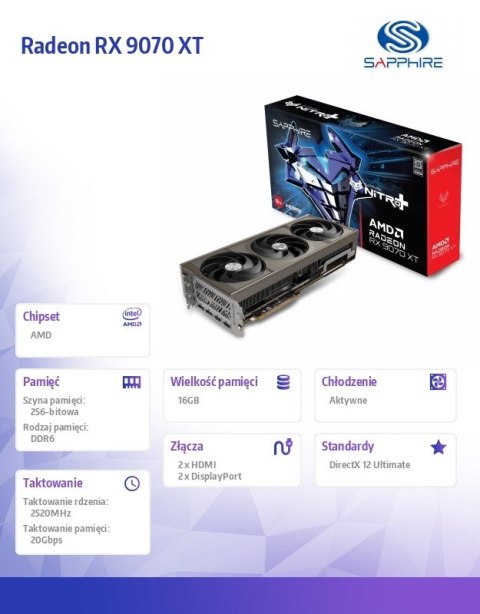 Sapphire Technology Karta graficzna Radeon RX 9070 XT NITRO+ GAMING OC 16GB GDDR6 256bit 2DP/2HDMI