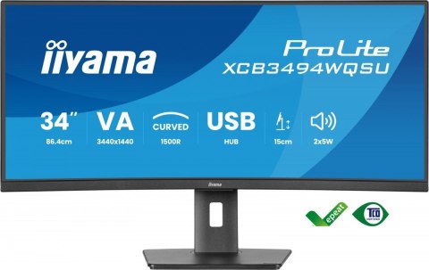 IIYAMA Monitor 34 cali XCB3494WQSU-B1 VA,UWQHD,1500R,2xHDMI,DP,2xUSB,2xUSB-C