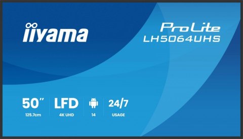 IIYAMA Monitor 50 cali LH5064UHS-B1AG, 24/7,IPS,ANDROID14,4K,500cd,1200:1, 2xHDMI ,USB-C,RJ45, RS-232c, IR, 2x10W, 2xUSB, UCHWYT ŚCIE