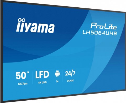 IIYAMA Monitor 50 cali LH5064UHS-B1AG, 24/7,IPS,ANDROID14,4K,500cd,1200:1, 2xHDMI ,USB-C,RJ45, RS-232c, IR, 2x10W, 2xUSB, UCHWYT ŚCIE