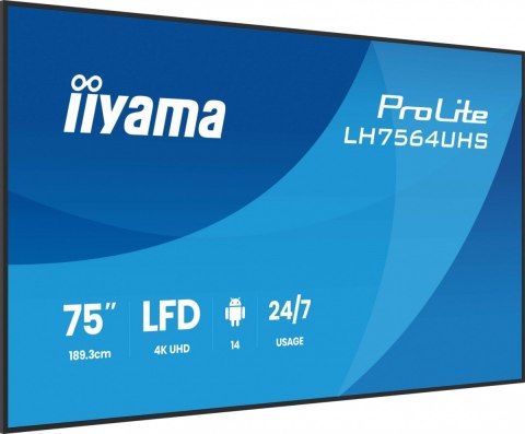 IIYAMA Monitor 75 cali LH7564UHS-B1AG, 24/7,VA,ANDROID14,4K,500cd,5000:1, 2xHDMI ,USB-C,RJ45, RS-232c, IR, 2x10W, 2xUSB, UCHWYT ŚCIE