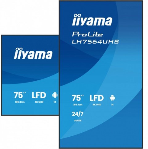 IIYAMA Monitor 75 cali LH7564UHS-B1AG, 24/7,VA,ANDROID14,4K,500cd,5000:1, 2xHDMI ,USB-C,RJ45, RS-232c, IR, 2x10W, 2xUSB, UCHWYT ŚCIE