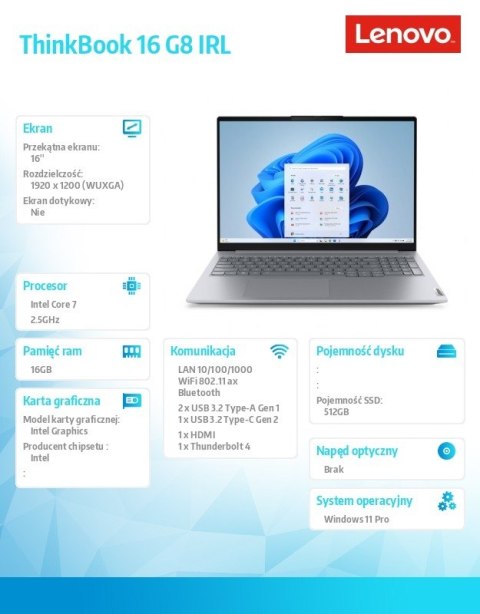 Lenovo Notebook ThinkBook 16 G8 21SH00A4PB W11Pro Intel 7 240H/16GB/512GB/INT/16 cali WUXGA/Luna Grey/3YRS OS + CO2 Offset