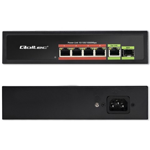 Qoltec Przełącznik sieciowy SWITCH FAST ETHERNET PoE 4x RJ45 PoE 1x RJ45Uplink 1x SFP | 65W | 1000 Mb/s