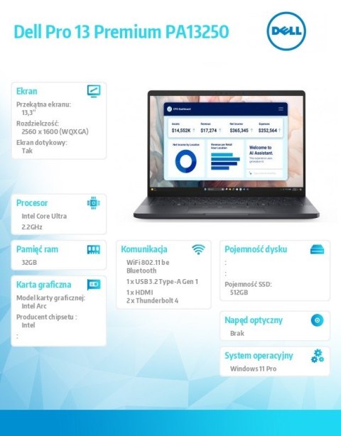 Dell Laptop Dell Pro 13 Premium PA13250/Ultra 7 268V/32GB/512GB SSD Gen4 CL35/13.3 QHD+ Touch/Arc/FgrPr/Cams&Mic/WLAN+BT/Bck Kb/3C/vP