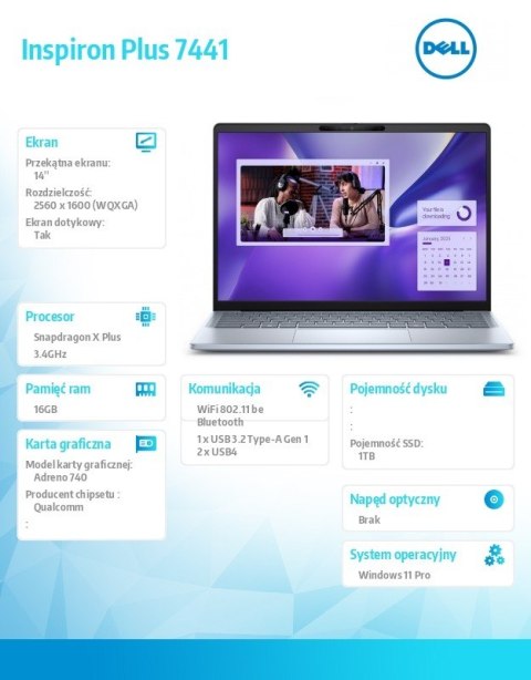 Dell Laptop Inspiron Plus 7441/XPLUS10C/16GB/1TB SSD Gen4/14.0 QHD+ Touch/Adreno GPU/FgrPr/Cam & Mic/WLAN + BT/Backlit Kb/3 Cell/3Y B