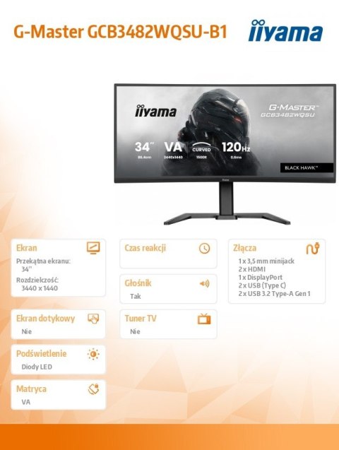 IIYAMA Monitor 34 cale G-Master GCB3482WQSU-B1,VA,UWQHD,120HZ,1500R, HDR400, 21:9, 500cd,2x5W, USB-c