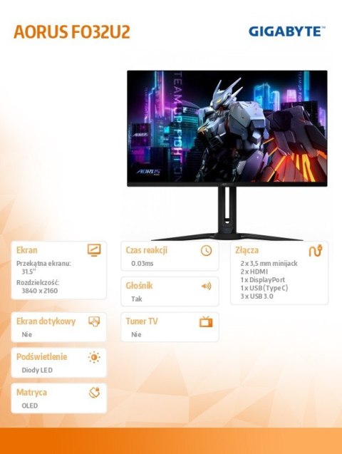 Gigabyte Monitor 31.5 cala FO32U2 OLED UHD 240HZ