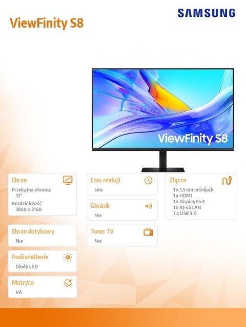 Samsung Monitor 37 cali ViewFinity S80UD IPS 3840x2160 UHD 16:9 1xHDMI 1xDP 1xUSB-C 90W 3xUSB-A 5ms PinP/PbyP 60Hz HAS+PIV płaski 3YOn-S