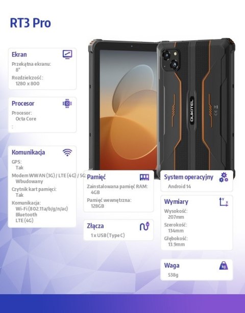 OUKITEL Tablet RT3 Pro 4G 8 cal 4/128GB pomarańczowy