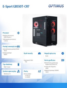 OPTIMUS Komputer E-Sport GB550T-CR7 Ryzen 7 5800X/16GB/1TB/RX 9070XT OC 16GB/W11
