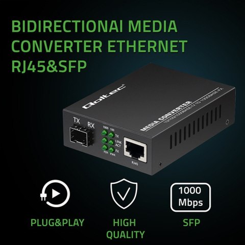 Qoltec Dwukierunkowy Media Konwerter SWITCH Ethernet 1x RJ45 1x SFP | 1000Mb/s | 5V