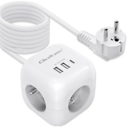 Qoltec Kostka zasilająca przedłużacz 6w1 z podświetlanym włącznikiem | 3x AC | 2x USB | 1x USB-C PD 20W | biała | kabel 2m