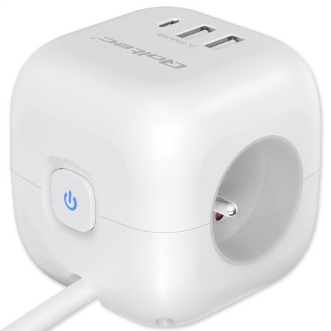 Qoltec Kostka zasilająca przedłużacz 6w1 z podświetlanym włącznikiem | 3x AC | 2x USB | 1x USB-C PD 20W | biała | kabel 2m