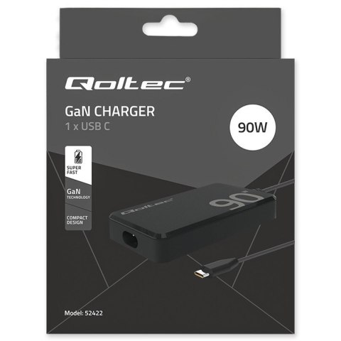 Qoltec Ładowarka sieciowa 90W GaN Fast SLIM | PD | 5-20V | 4.5A | USB-C 3.1 | Laptop | MacBook | Smartfon | +kabel