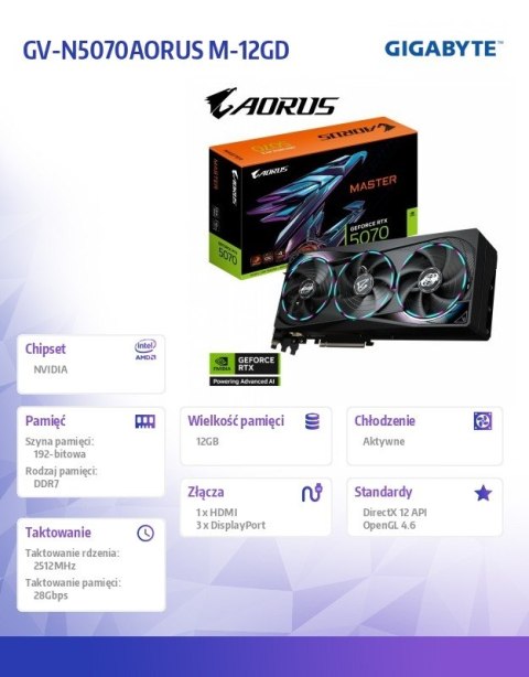 Gigabyte Karta graficzna GeForce RTX 5070 AORUS MASTER 12GB GDDR7 192bit HDMI/3DP