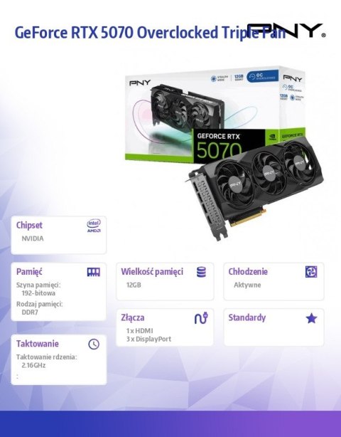 PNY Karta graficzna GeForce RTX5070 OC 3F 12GB 192-bit 672GB/s