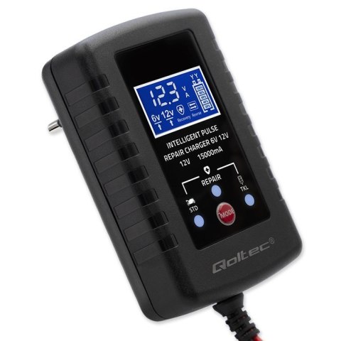 Qoltec Automatyczna ładowarka do akumulatora AGM GEL STD 6V/12V | 2A | Prostownik z funkcją naprawy i wyświetlaczem LED