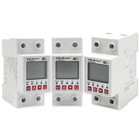 Qoltec Przekaźnik 63A na szynę DIN z licznikiem energii elektrycznej | Timer | Tuya | Wi-Fi | LED 