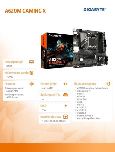 Gigabyte Płyta główna A620M GAMING X AM5 4DDR5 HDMI/DP M.2 mATX