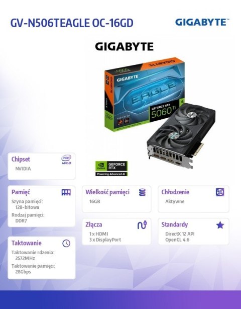 Gigabyte Karta graficzna GeForce RTX 5060 Ti EAGLE OC 16 G 128BIT GDDR7 HDMI/3DP