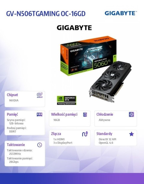 Gigabyte Karta graficzna GeForce RTX 5060 Ti GAMING OC 16G 128BIT GDDR7 HDMI/3DP