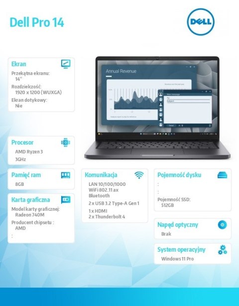 Dell Laptop Dell Pro 14 PC14255/AMD Ryzen 3 210/8GB/512GB SSD/14.0 FHD+/AMD Radeon 740M/FgrPr/Cam & Mic/WLAN + BT/Backlit Kb/3 Cell/W