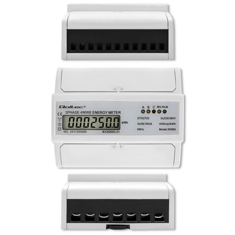 Qoltec Trójfazowy dwukierunkowy elektroniczny licznik | miernik zużycia energii na szynę DIN | 400V | 100A | LCD | 4P