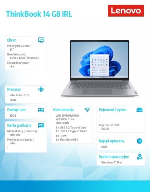 Lenovo Laptop ThinkBook 14 G8 21SJ0089PB W11Pro Ultra 7 255H/16GB/512GB/INT/14.0 WUXGA/Arctic Grey/3YRS OS + CO2 Offset