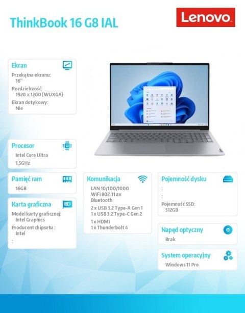 Lenovo Notebook ThinkBook 16 G8 21SK008PPB W11Pro Ultra 5 225U/16GB/512GB/INT/16.0 WUXGA/Luna Grey/3YRS OS + CO2 Offset