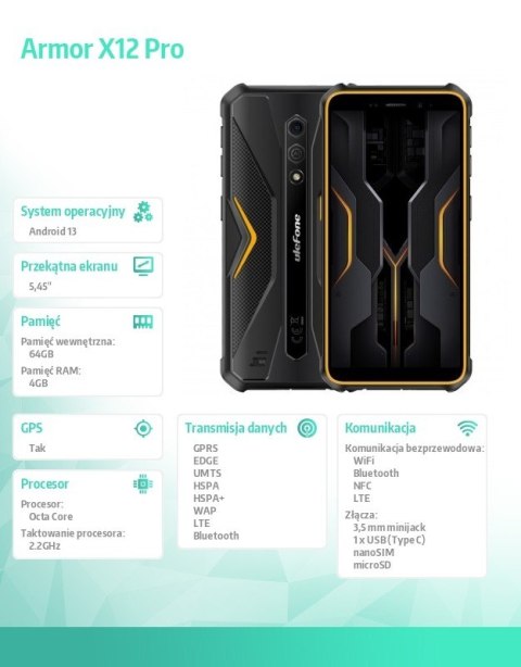 ULEFONE Smartfon Armor X12 Pro 4G 4/64GB IP69K Pomarańczowy