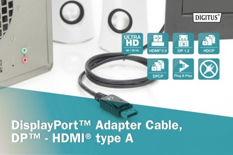 Digitus Kabel adapter DisplayPort 1.2 z zatrzaskiem 4K 60Hz UHD Typ DP/HDMI A M/M czarny 2m