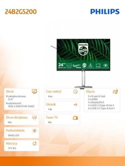 Philips Monitor 23.8 cala 24B2G5200 IPS 100Hz HDMI DP Pivot Głośniki