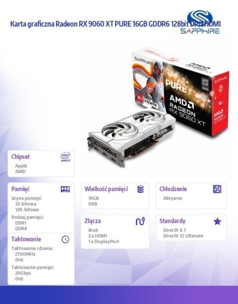 Sapphire Technology Karta graficzna Radeon RX 9060 XT PURE 16GB GDDR6 128bit DP/2HDMI