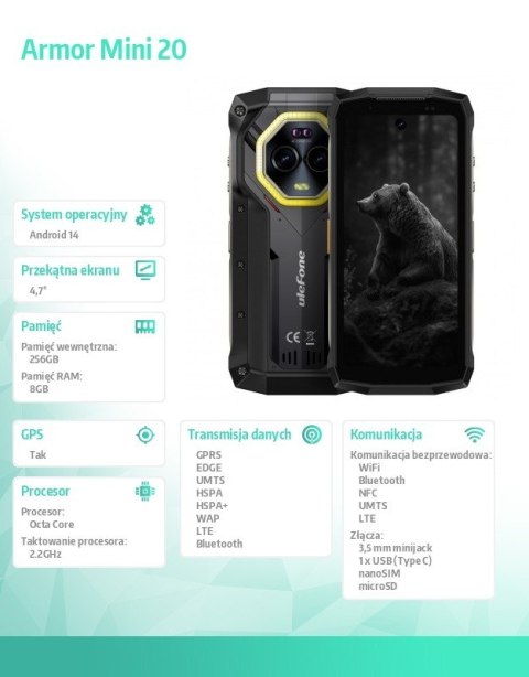 ULEFONE Smartfon Armor Mini 20 4G 8/256GB IP69K Czarny