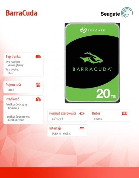 Seagate Dysk twardy BarraCuda 20TB 3.5 cala ST20000DM001