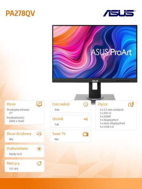 Asus Monitor 27 cali ProArt PA278QV IPS WQHD HDMI DP mDP HUB USB sRGB: 100%