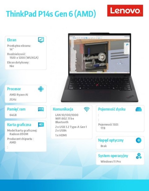 Lenovo Mobilna stacja robocza ThinkPad P14s G6 AI 9 HX PRO 370/64GB/1TB/AMD Radeon/14.0 WUXGA/Black/3YRS Premier Support + CO2 Offset