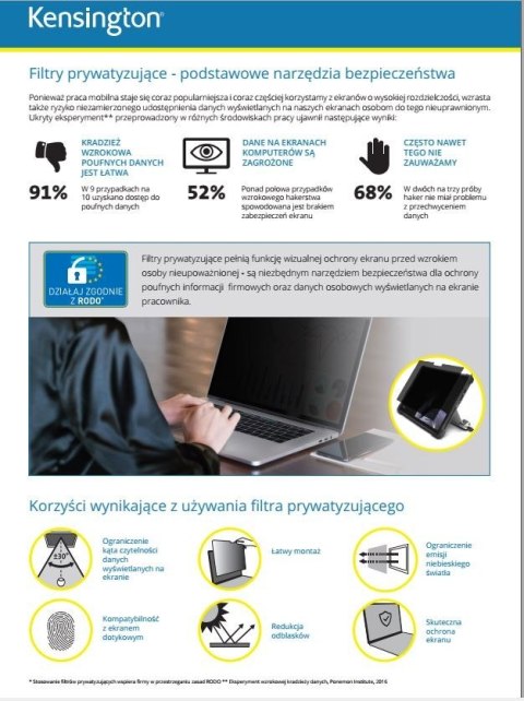 Kensington Filtr prywatyzujący 2-stronny, zdejmowany, do monitora 15.6 cala 16:9