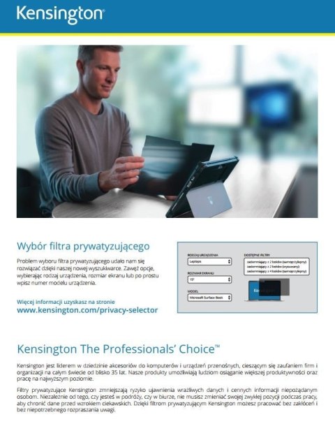 Kensington Filtr prywatyzujący 2-stronny, zdejmowany, do monitora 15.6 cala 16:9