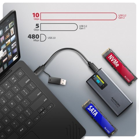 AXAGON EEM2-SD2 Obudowa zewnętrzna aluminiowa bezśrubowa USB-A/C 3.2 Gen2 M.2 NVMe/SATA display LCD