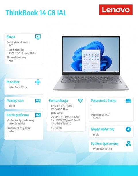Lenovo Laptop ThinkBook 14 G8 21SJ008APB W11Pro Ultra 5 225U/16GB/512GB/INT/14.0 WUXGA//Luna Grey/3YRS OS + CO2 Offset