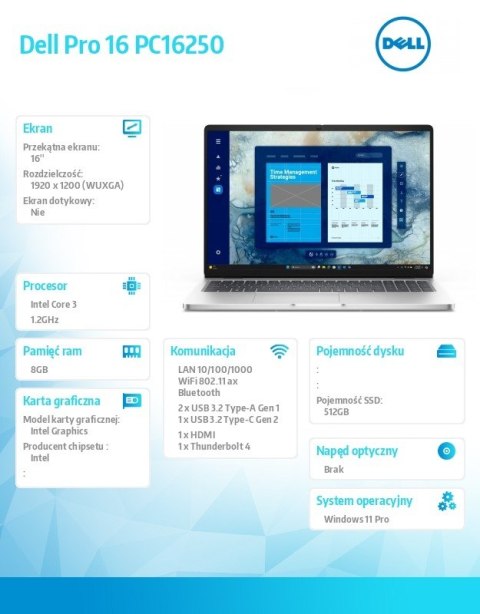 Dell Laptop Dell Pro 16 PC16250 W11P C3 100U/8GB/512GB CL25/16.0 FHD+/Int/FgrPr/Cam&Mic/WLAN+BT/BcklKb/3C/3YPS Magnetite color, textu