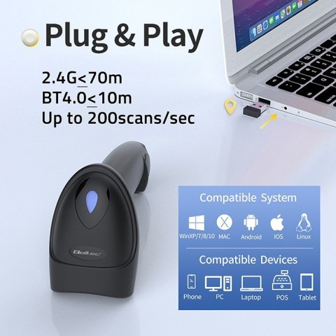 Qoltec Czytnik kodów kreskowych i QR | 1D 2D | USB | Bluetooth