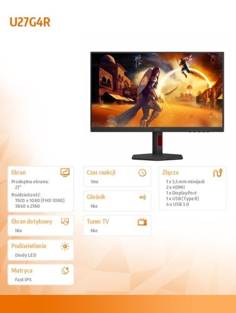 AOC Monitor 27 cali U27G4R Fast IPS 4K 160Hz HDMI DP Pivot