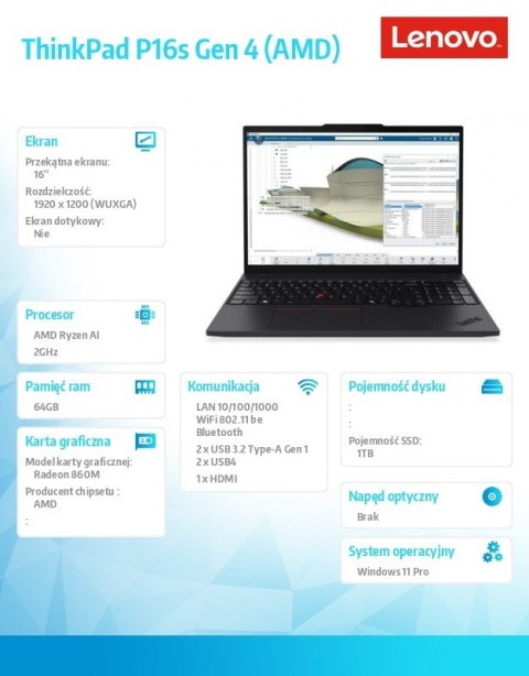 Lenovo Mobilna stacja robocza ThinkPad P16s G4 21QR003CPB AI 7 PRO 350/64GB/1TB/16.0 WQUXGA/Black/3YRS Premier Support + CO2 Offset