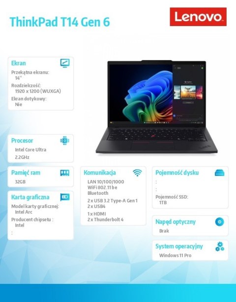 Lenovo Ultrabook ThinkPad T14 G6 21QG0013PB W11Pro Ultra 7 258V/32GB/1TB/INT/14.0 WUXGA/Black/3YR Premier Support + CO2 Offset