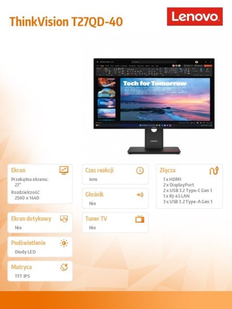 Lenovo Monitor 27 cali ThinkVision T27QD-40 WLED LCD 64AAGAT2EU